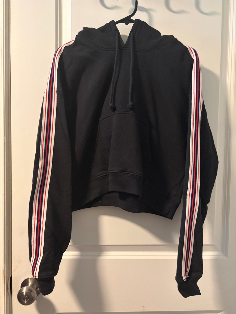 TNA Black Cropped Hoodie with Red & White Sleeve Stripes